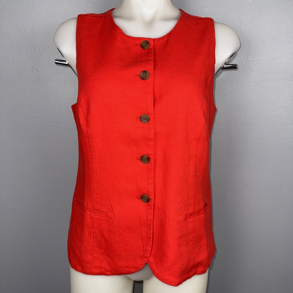 J.Crew Factory Linen-Blend Button-Front Vest Women's 8 Red Orange Minimalist